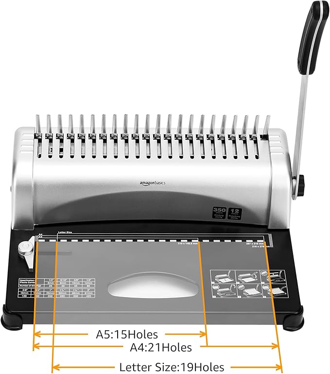 Amazon Basics Comb Binding Machine, 350 Sheets Capacity, for paper sizes A5(15 holes)/Letter(19 holes)/A4(21 holes) with Adjustable Margin, Grey