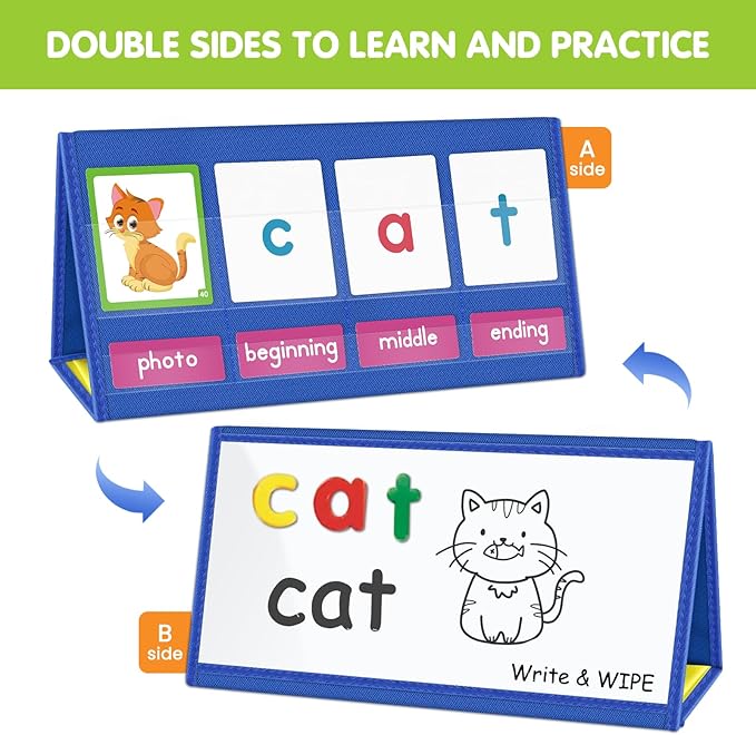 EAMAY CVC Word Building Desktop Pocket Chart Stand with Magnetic Write & Wipe Boards Tent & Cards Kit,Reading Spelling Phonics Games for Kids, Kindergarten Classroom Must Haves!