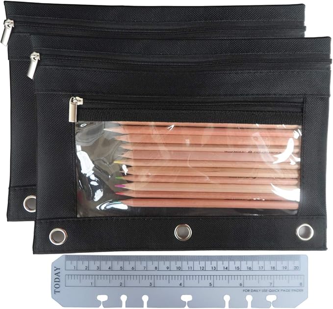 Enyuwlcm 3 Ring Binder Pencil Pouch with Durable Zipper Binder Pencil Case with Clear Window 2 Pocket Black Canvas 4 Pack