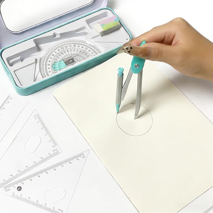 Protractor and Compass Set for School,Geometry Set,Compass Geometry Tool,7P Metal Compass Ruler Eraser Replacement Leads Blue