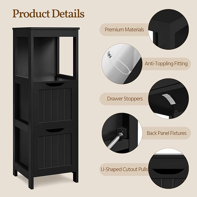 Yaheetech Bathroom Storage Cabinet, Small Floor Cabinet with 2 Removable Drawers, Slim Storage Organizer Rack Stand for Bathroom/Kitchen/Corner/Small Space,Black