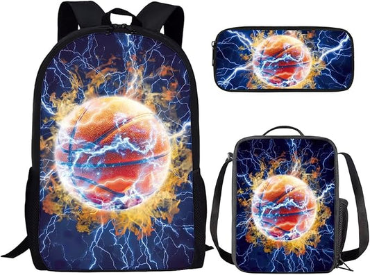 CLOHOMIN Lightning Basketball Backpack with Lunch Box for Boys 10-12, 3 in 1 Big Capacity School Book Bag Set for 6th Grade Insulated Lunch Bag for Middle School Bookbag and Pencil Bags Lunchbox