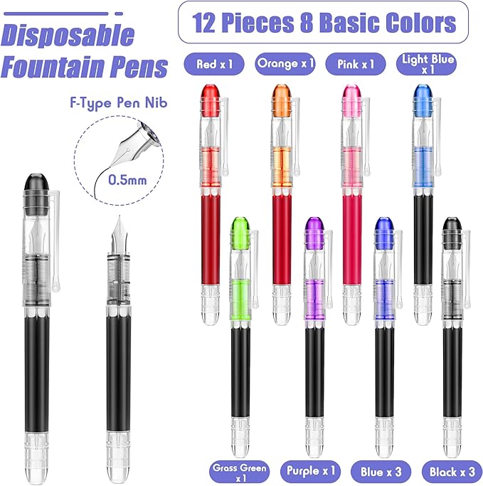 Clabby 12 Pieces Disposable Fountain Pens, Quick-Drying Ink Pen, Smooth-Writing Multicolor Art Supplies for Sketching, Journaling, Calligraphy and Doodling (Mixed Colors)