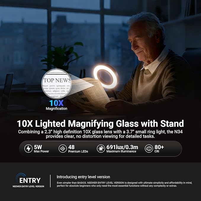 NEEWER Entry Level Version 10X Magnifying Glass with Light/Clamp Stand, 3.7" Bi Color Dimmable Magnifier Lamp Clip on Small LED Ring Light, 3 CRI80+ for Desk Crafting Reading Close up Work, N34