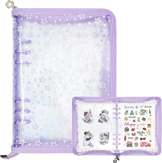 Sticker Organizer Binder - Reusable Sticker Collecting Book Storage Album Holder with Pocket Pages A5 Zipper Cover Collection Container (Purple)