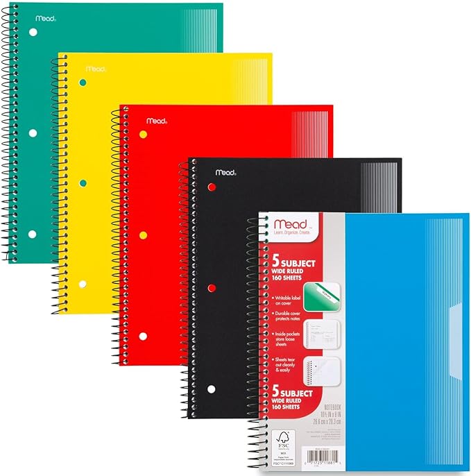 Mead Spiral Notebook, 5 Pack, 5 Subject, Wide Ruled Paper, Plastic Cover, 8" x 10-1/2", 160 Sheets per Notebook, Black, Red, Blue, Green and Yellow (930101A-ECM)