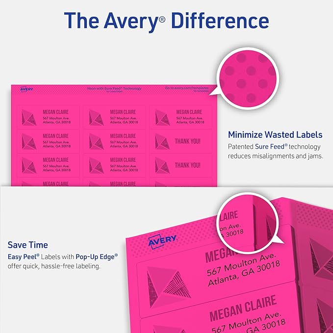 Avery Printable Labels with Sure Feed, 3-1/3" x 4", Assorted Neon Colors (Green, Magenta, and Yellow), Removable Adhesive, Laser & Inkjet Compatible, 72 Blank Labels Total (6482)