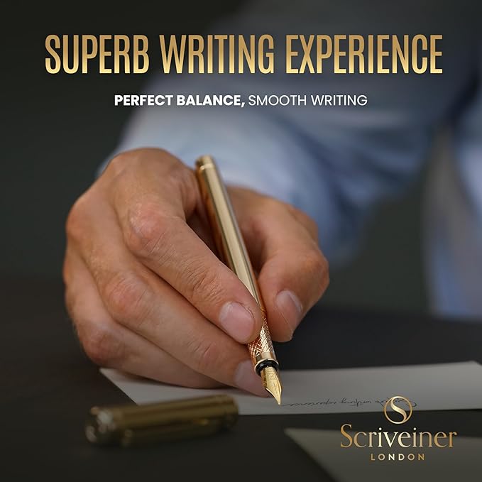 Scriveiner Luxury Fountain Pen - Stunning Luxury Pen, Real Gold Finish, Schmidt Gilded Nib (Fine), Converter, Best Pen Gift Set for Men & Women, Professional, Executive, Office, Nice Pens