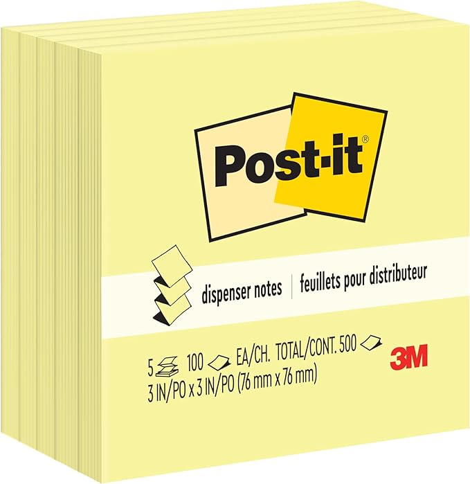 Post-it Dispenser Pop-up Notes, 3x3 in, 5 Pads, Canary Yellow, Clean Removal, Recyclable