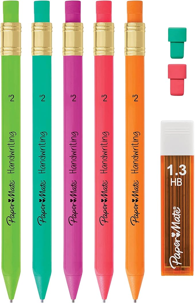 Paper Mate Handwriting Triangular Mechanical Pencil Set with Lead & Eraser Refills, 1.3mm, School Supplies, Office Supplies, Sketching Pencils, Drafting Pencil, Fun Barrel Colors, 8 Count (Pack of 2)