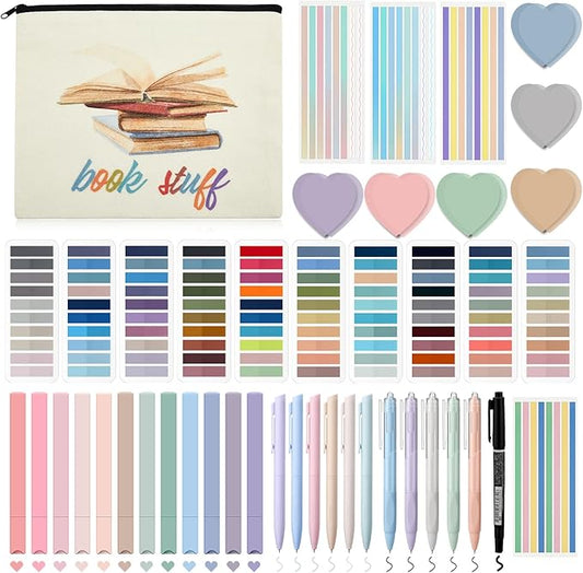 Book Annotation Kit, Aesthetic Bible Study Journaling Kit, 2640 Pcs Sticky Tabs, 300 Sticky Notes, 11 Gel Ink Pen, 12 Highlighter Marker, Pencil Case Pouch for Book Lover(Heart)