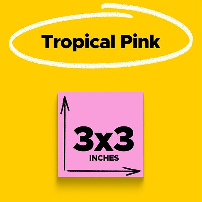 Post-it Super Sticky Notes, 5 Sticky Note Pads, 3 x 3 in., Ideal for Organization in Your Dorm, Home or Office, Single Color Packs Collection, Tropical Pink