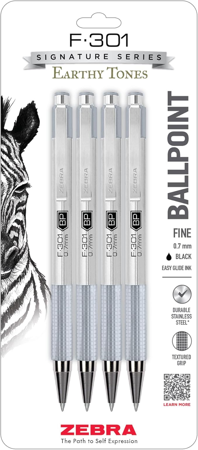 Zebra Pen F-301 Signature Series Retractable Ballpoint Pen, 0.7mm, Black Easy-Glide Ink, Stainless-Steel Barrel, Pewter Earth Tone Accents, Ideal for Office, Journal and Planner Use, 4-Pack (27214)