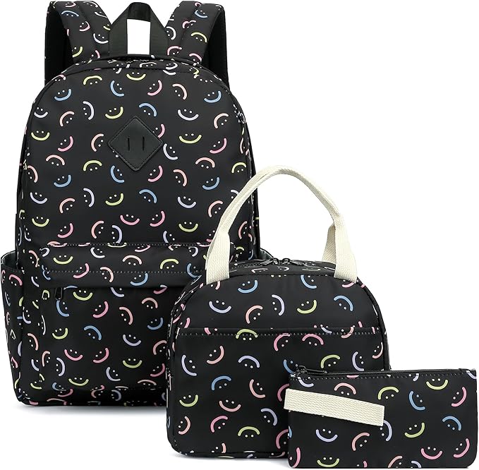 School Backpack for Girls, 3PCS Bookbags Set with Lunch Box Pencil Pouch Elementary Middle School Bag Laptop Back Packs (Smile Black)