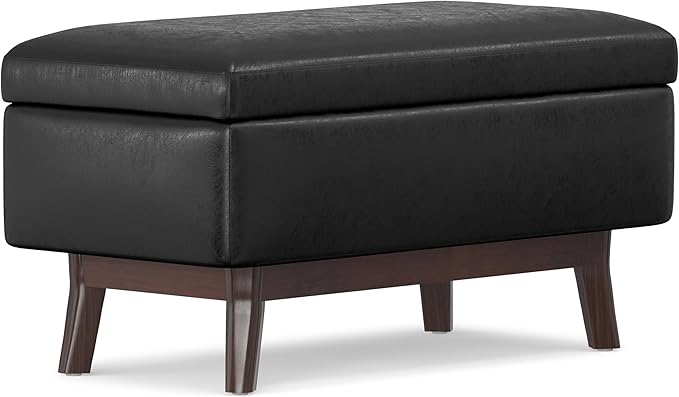 SIMPLIHOME Owen Small Rectangular Storage Ottoman - 36 inch Wide Upholstered Vegan Leather Lift-Top Ottoman in Distressed Black, Mid-Century Modern Ottoman for Living Room with Tufted Detail