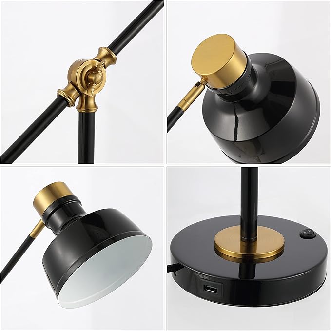 JONATHAN Y 18.5" Black/Brass Gold Adjustable Cantilever LED Task Lamp with USB Charging Port, Vintage Farmhouse Desk Lamp for Home Office Reading, Metal Shade JYL7124A