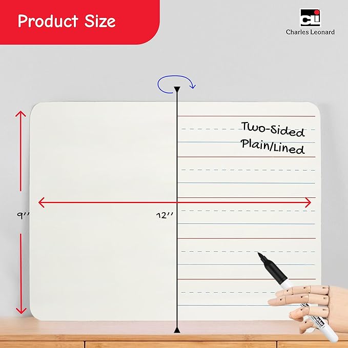 Charles Leonard Dry Erase Board Classroom Pack - Mini Lapboard School Supplies – Set of 12 Two-Sided Plain/Lined Dry Erasable White Boards, 9x12 Inches (35120)