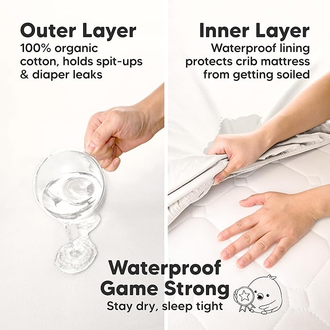 2-Pack Waterproof Crib Sheets for Boys, Girls - 52x28 Fitted Organic Cotton Baby Crib Sheets, Toddler Mattress Protector Cover, Washable, Soft & Durable Baby Bedding Essentials (Soft White)