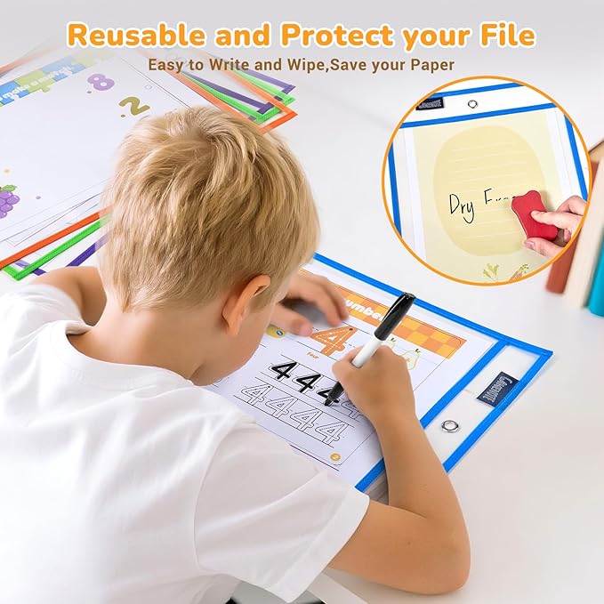 Gamenote 30 Pack Dry Erase Pockets with 5 Rings, 10 Assorted Colors 10x14 Oversized Reusable Plastic Sleeves, Clear Sheet Protectors, Teacher Supplies for Classroom Organization