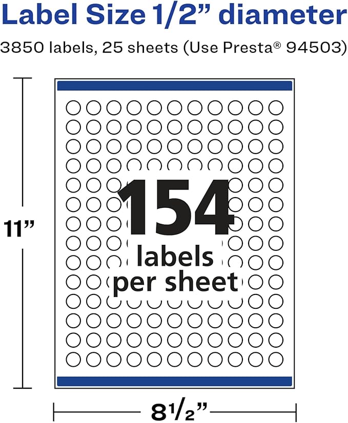 Avery Glossy White Round Labels, Sure Feed Technology, 1/2" Diameter, 3,850 Glossy White Labels, Print-to-The-Edge, Permanent Adhesive, Laser/Inkjet Printable