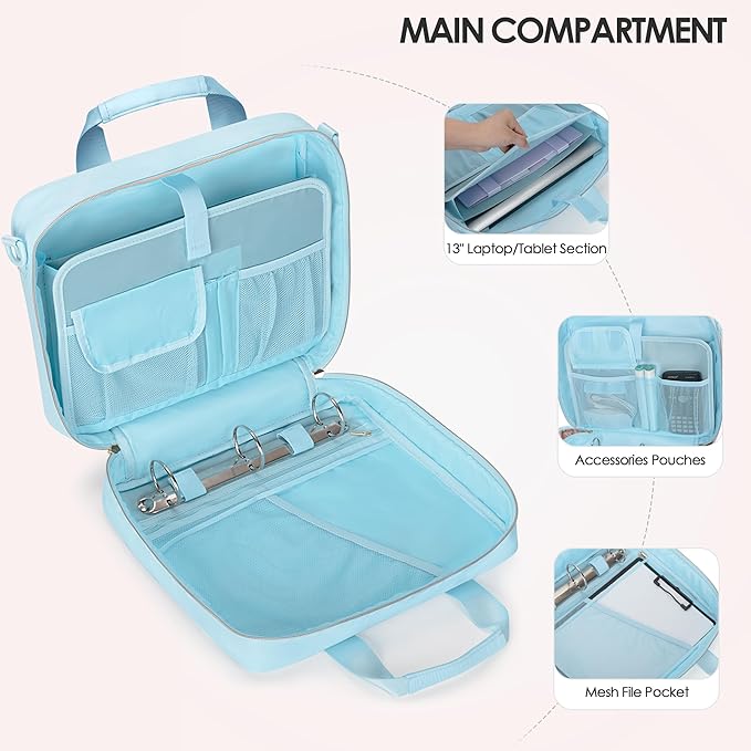 3 Ring Zipper Binder, 2 Inch Ring Binder Organizer Bag with Shoulder Strap Fits 13 Inch Laptop and 500 Sheets, Blue(Empty Bag Only)