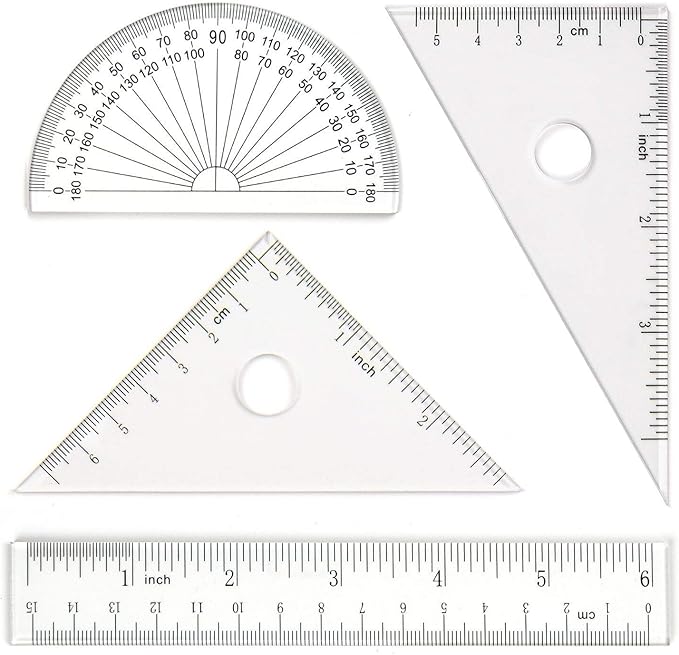 Coopay 4 Pieces Math Geometry Tool Set Includes Plastic Clear Ruler, Protractor, Triangle for School Office Home Supplies (6 inch)