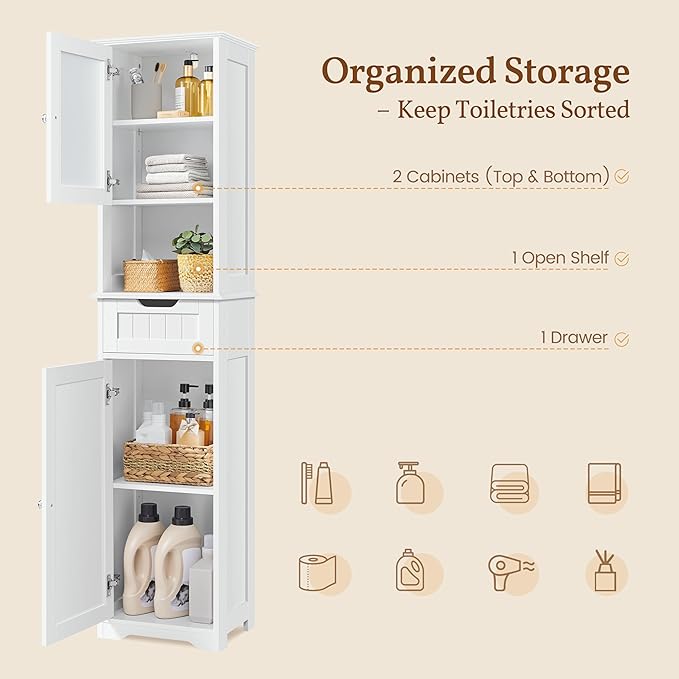 Yaheetech 67”Tall Bathroom Storage Cabinet,Narrow Floor Cabint with 2 Doors and 1 Drawer,Slim Bathroom Organizers,Adjustable Shelves,Storage Unit for Living Room, Entryway,Kitchen,White