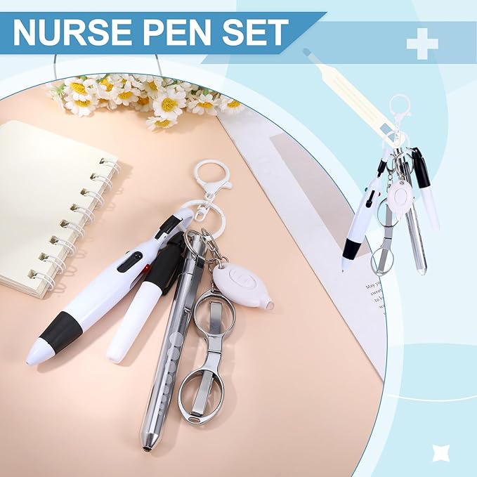 6 Pcs Nurse Pens for Badge Set,Nurse Badge Accessories with Reel Pen,Nursing Accessories Healthcare with Pens,Highlighter and Permanent Marker Pen and Led Keychain Foldable Scissors(White)