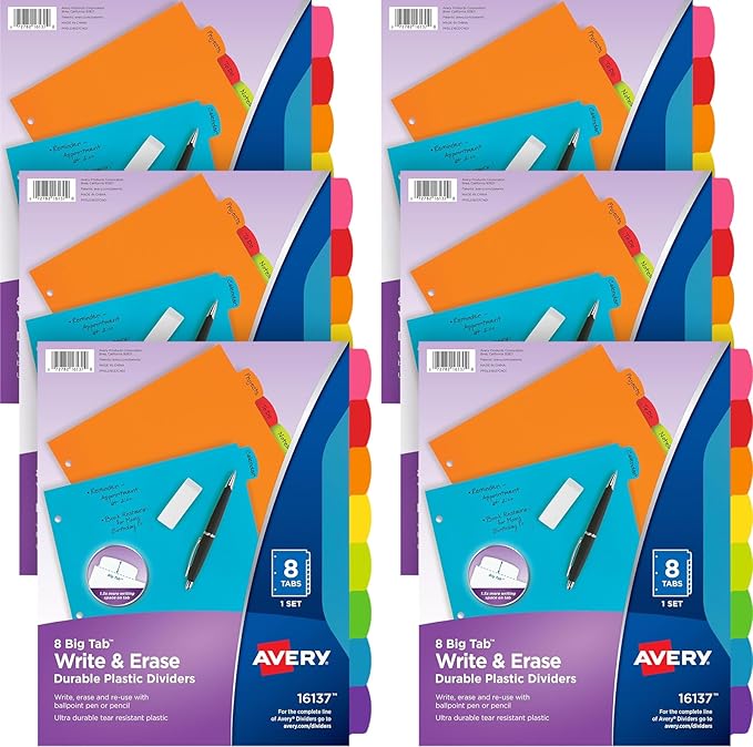 Avery Write & Erase 8 Tabs Plastic Divider for 3 Ring Binders, 6 Sets (8 Colors)