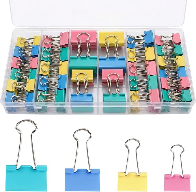 Binder Clips Assorted Sizes, 140 PCS Colored Binder Paper Clips Office Clips Office Supplies Desk, 4 Sizes Cute Binder Clips Large Medium Binder Clip Small Paper Clips Medium Paper Clamps (Colored)