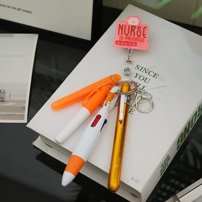 Student Nurse Pen Set Badge Reel Holder Accessories Clip, Retractable Mini Nursing Pen & Light Tool Set， Highlighter pens and Highlighter pens（Orange）