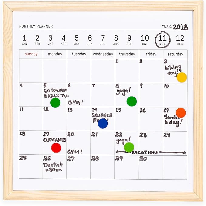 Kikkerland Mini White Dry Erase Board Calendar Black Dry Erase Marker, Small Mini White Board for Kids, Students, 8" x 8"