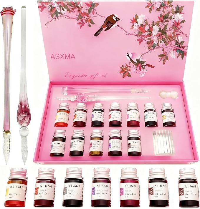 Calligraphy Dip Pen Set - 12 Colorful Inks, 2 glass pens Pen Holder, Glass, Crystal Pen for Art Writing, Drawing, Signatures, Decoration,Holiday Gift Set Calligraphy Beginners