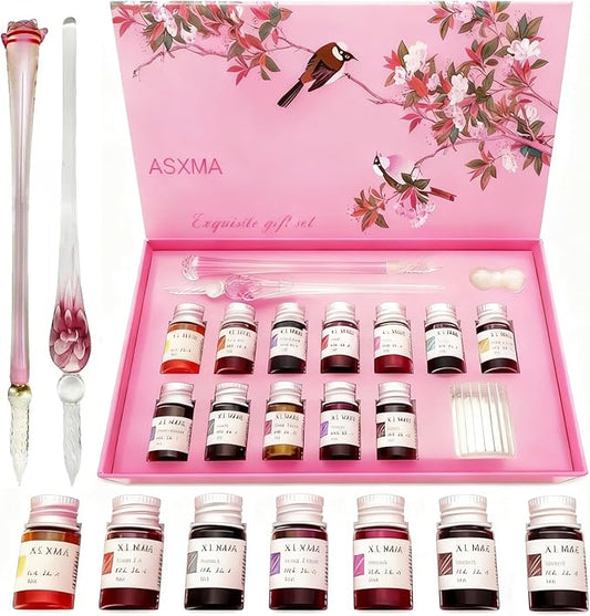 Calligraphy Dip Pen Set - 12 Colorful Inks, 2 glass pens Pen Holder, Glass, Crystal Pen for Art Writing, Drawing, Signatures, Decoration,Holiday Gift Set Calligraphy Beginners