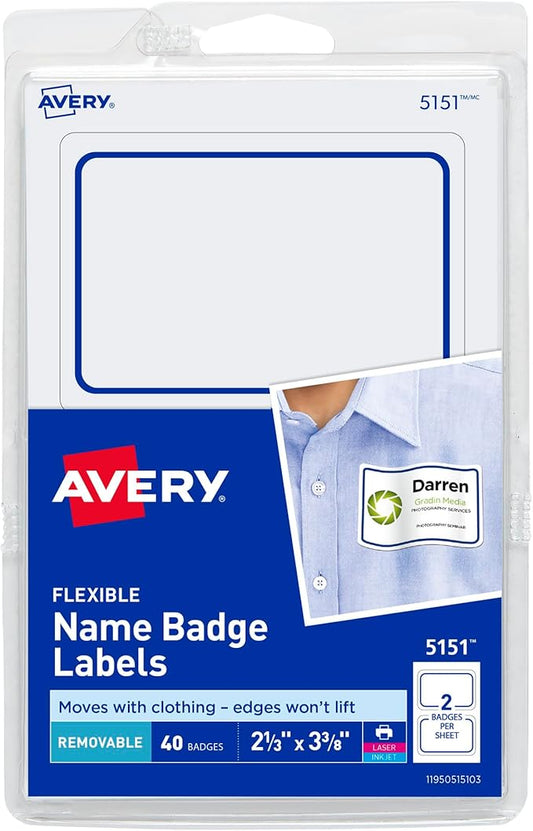 Avery Flexible Printable Name Tags, 2-1/3" x 3-3/8", White with Blue Border, 40 Removable Name Badges (05151)