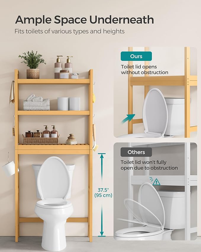 SONGMICS Over The Toilet Storage, 3-Tier Over Toilet Bathroom Organizer with Adjustable Shelf, 10.2 x 24.8 x 66.9 Inches, Space-Saving, Natural Beige UBTS001N01