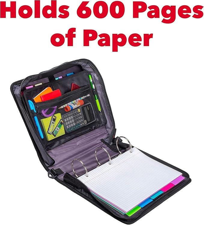 Case-it The Mighty Zip Tab Zipper Binder - 3 Inch O-Rings - 5 Color Tab Expanding File Folder - Multiple Pockets - 600 Sheet Capacity - Comes with Shoulder Strap - Jet Black D-156-N-C