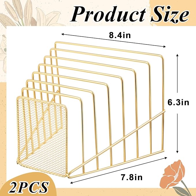 2 Pcs 7 Section Wire File Organizer for Desk, Metal Mesh Incline File Holder, Letter & Magazine Folder Rack, Desktop Paper Sorter for Home Office School (Golden)