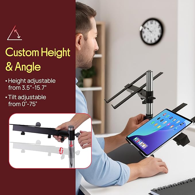 Pyle Portable Dual Laptop Stand – Standing Table Holder with Bracket Arms,Adjustable Height,Ergonomic Design, 360° Swivel for DJ Mixer,Sound Equipment,Workstation,Gaming & Home Use with Tilt Function
