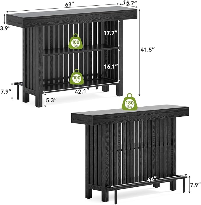 LITTLE TREE 63-Inch Home Bar Table, 2-Tier Storage Shelf Mini Bar Unit, Kitchen Pub Table, Small Indoor Bar Counter, Black