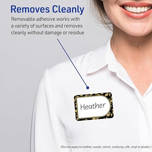 Avery Printable Adhesive Name Badges, 2-1/3" x 3-3/8", Pre-Printed Arched Black Border with Golden Leaves Design, Matte White, Laser & Inkjet Compatible, 80 Total