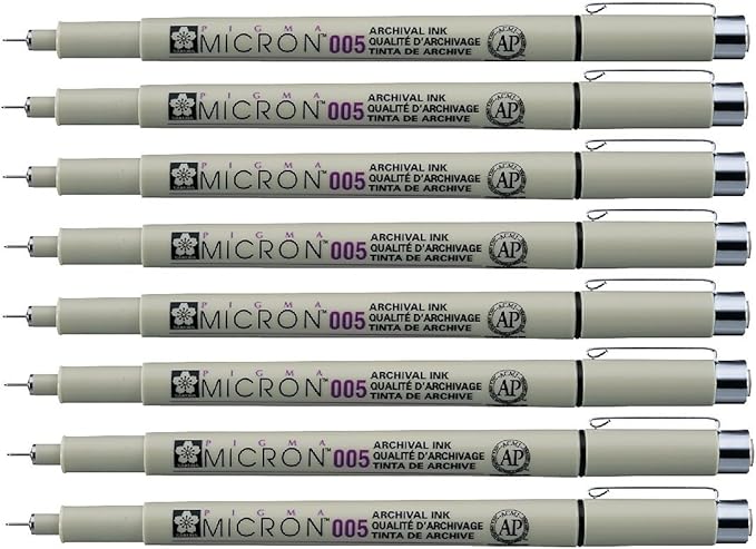 Sakura Pigma Micron pen 005 Black ink marker felt tip pen, Archival pigment ink, fine point for artist drawing pens - 8 pen set