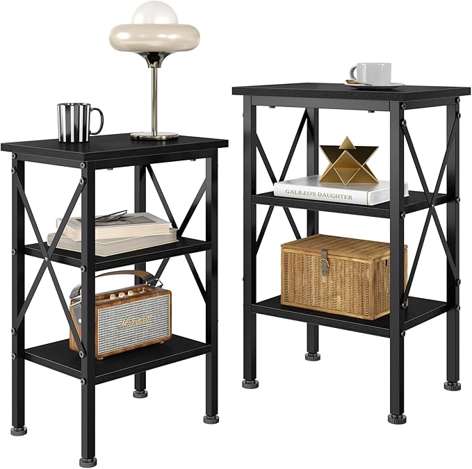 VECELO End Table Set of 2, Bedside Table, 24" Tall Living Room End Tables, X-Design Reinforced Nightstands, Side Table with 3-Tier Storage Shelves for Small Spaces, Office, Bedroom, Classic Black