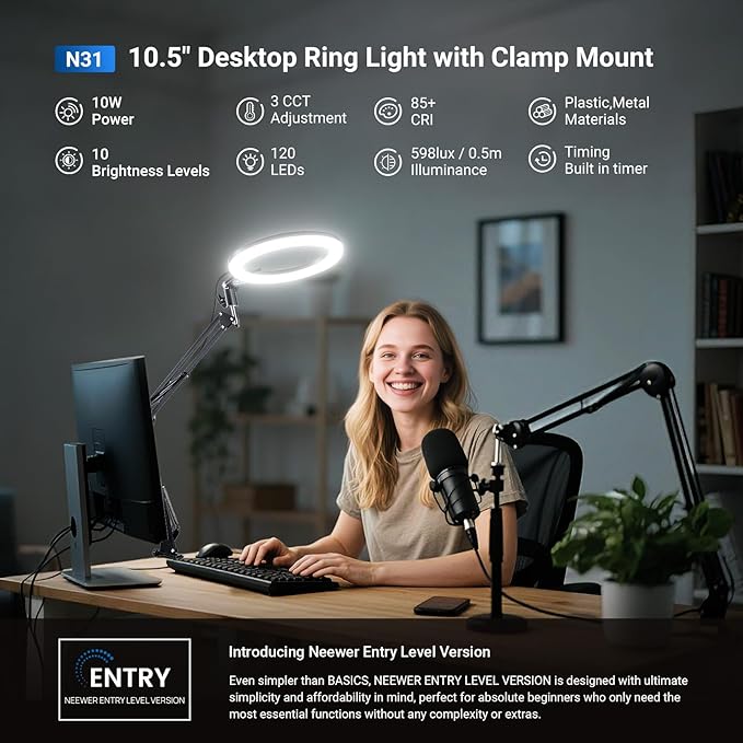 NEEWER Entry Level Version 10.5" Overhead Desktop LED Ring Light, Clamp Stand for Desk/Remote/Phone Holder Compatible with iPhone, 10W Streaming Recording Selfie Laptop Video Conference Lighting, N31