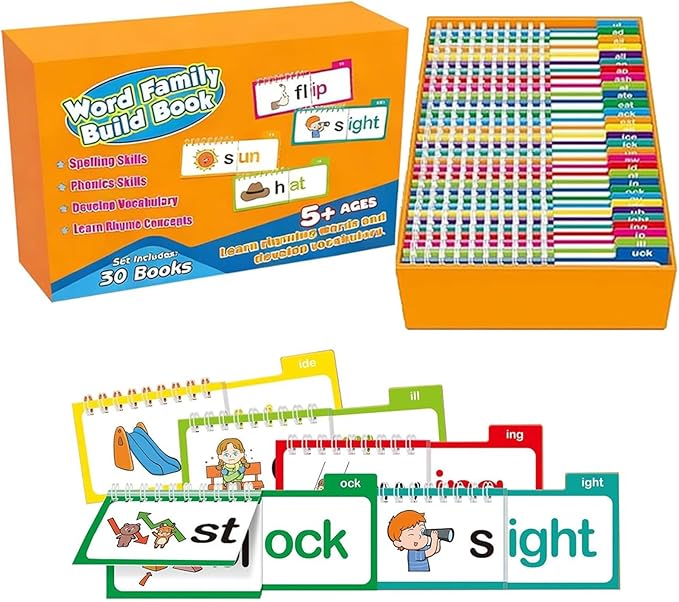 30 Read and Rhyme Flip Books, Word Family Build Book, Learn to Read Phonics Flash Cards, ABC Vocabulary Flash Cards, Kindergarten Sight Words for Preschool Learning Activities and Reading Games