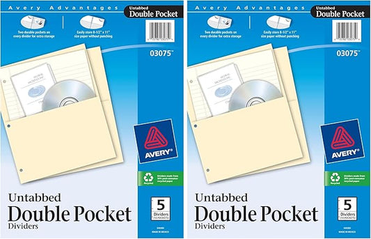 Avery Untabbed Double Pocket Dividers for 3 Ring Binders, Manila, 5 Dividers (03075) (Pack of 2)
