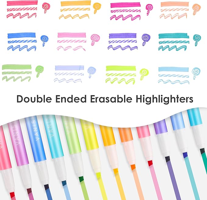 Erasable Highlighters Assorted Colors 12 Pack, Dual Tip Erasable Markers Pens, Chisel Tip Smooth Writing Highlighters Journaling Supplies Planner Accessaries