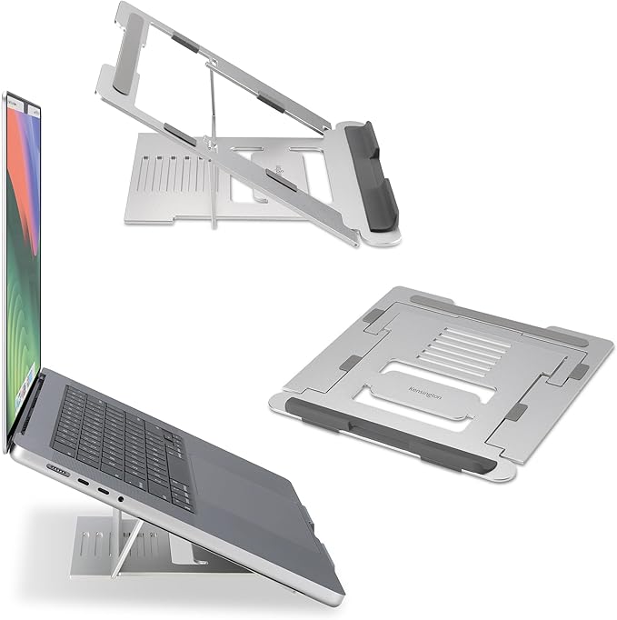 Kensington Easy Riser K50417WW Laptop Stand, Height-Adjustable and Foldable Aluminium Notebook Stand, for Screens up to 16 Inches, Ideal for Travel, Silver