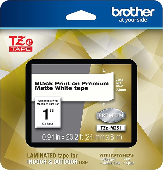 Brother P-touch TZe-M251 Black Print on Premium Matte White Laminated Tape 24mm (0.94”) wide x 8m (26.2’) long