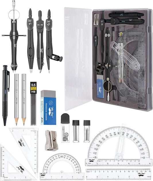 Mr. Pen- Geometry Set, 15 pcs, Black, 6 Inch Swing Arm Protractor, Divider, Set Squares, Ruler, Compasses and Protractor